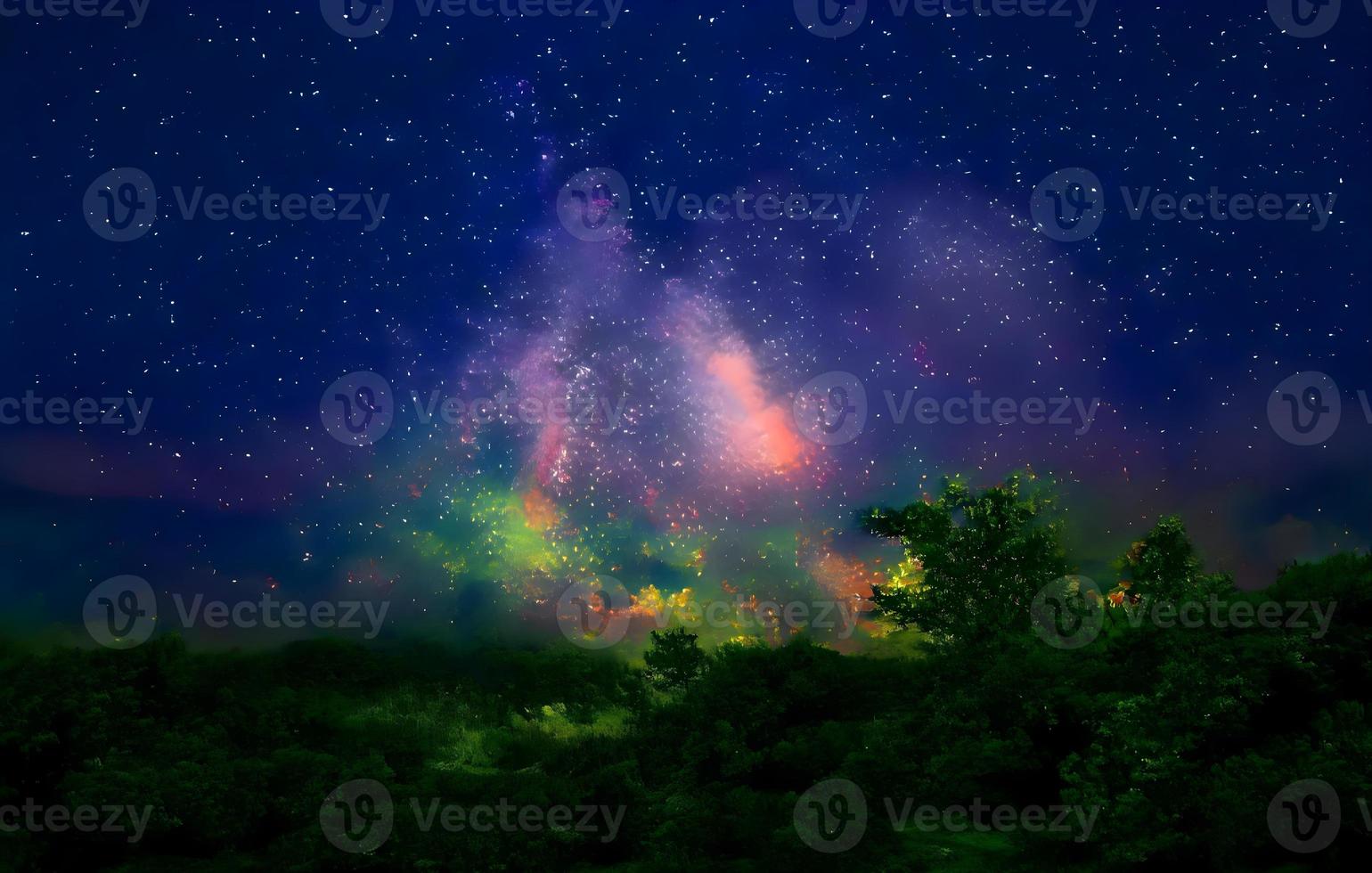 Milky Way and pink light at mountains. Night colorful landscape. Starry sky with hills at summer. Beautiful Universe. Space background with galaxy. Travel background photo