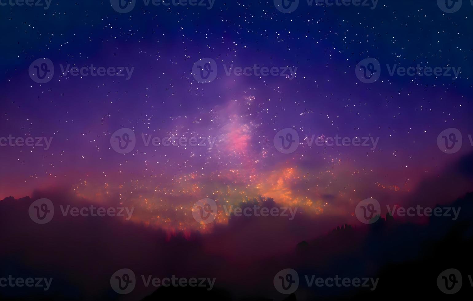 Milky Way and pink light at mountains. Night colorful landscape. Starry sky with hills at summer. Beautiful Universe. Space background with galaxy. Travel background photo