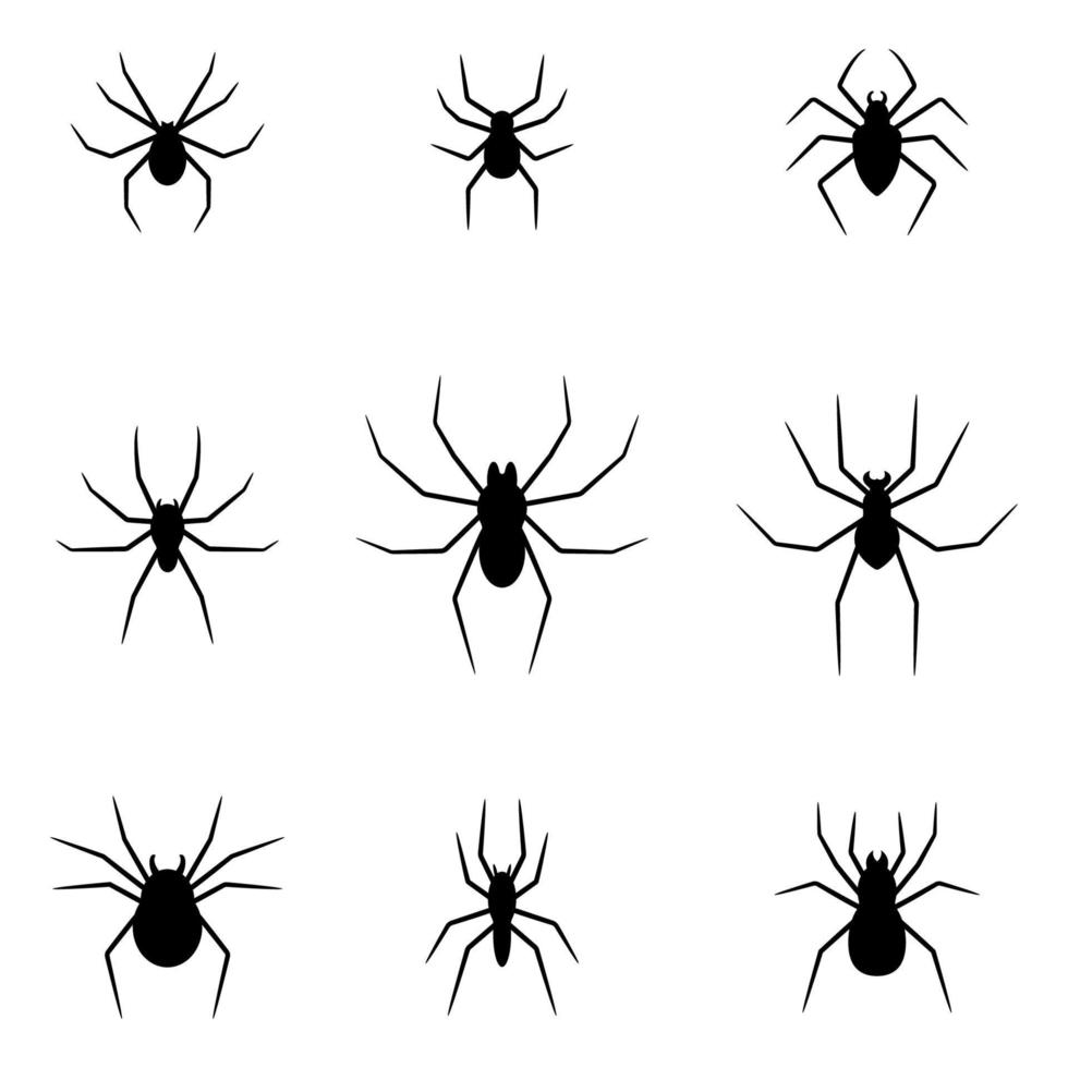 Set of black silhouettes of spiders isolated on white background. Halloween decorative elements. Vector illustration for any design.