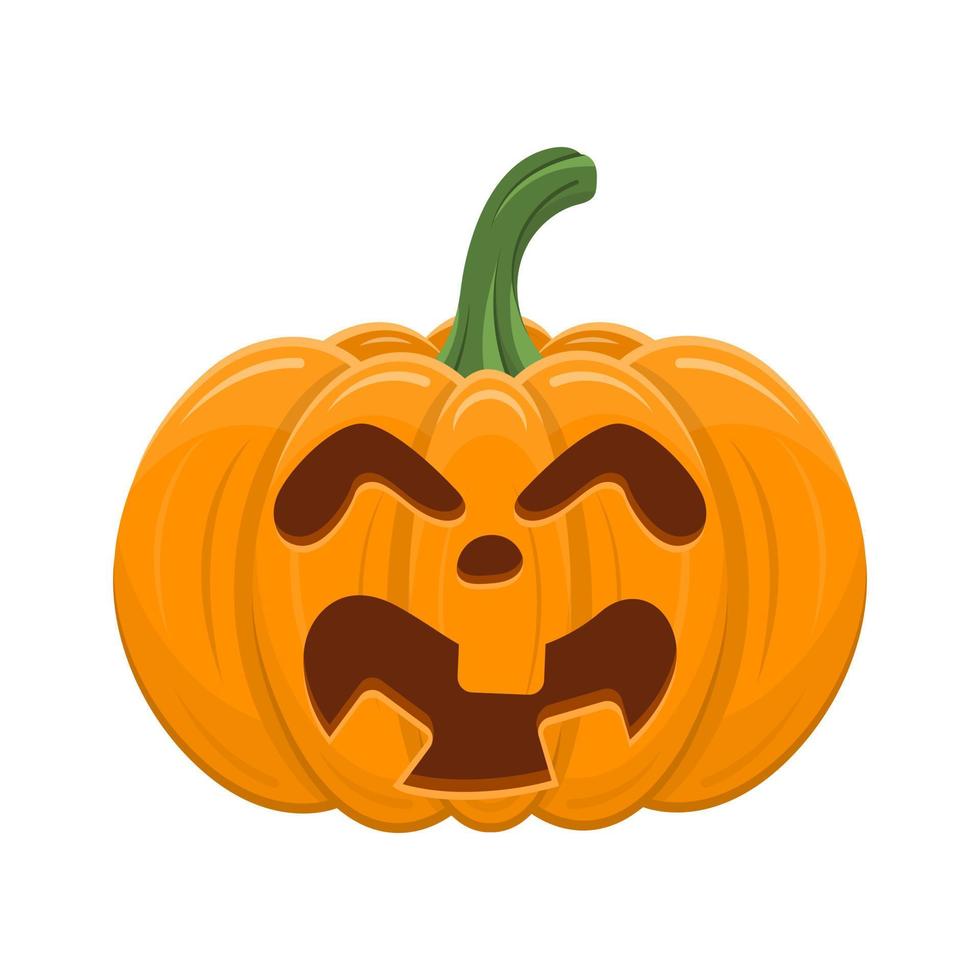 Halloween pumpkin isolated on white background. Cartoon orange pumpkin with smile, funny face. The main symbol of the Halloween, autumn holidays. Vector illustration for any design.
