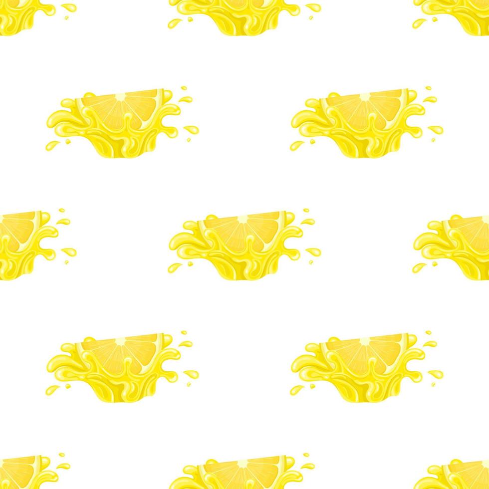 patrón sin fisuras con explosión de salpicaduras de jugo de limón fresco y brillante aislado en fondo blanco. jugo de frutas de verano. estilo de dibujos animados ilustración vectorial para cualquier diseño. vector