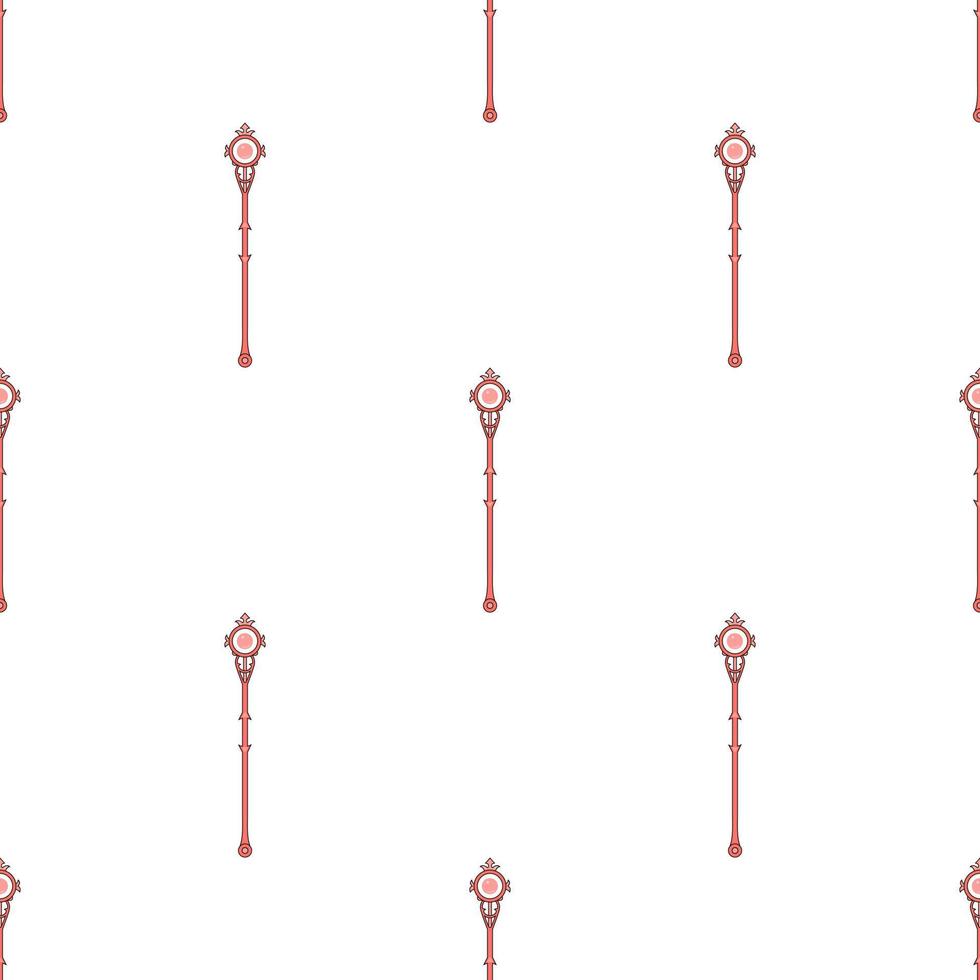 Seamless pattern with red magic staff icon on white background. Magic wand, scepter, stick, rod. Vector illustration.
