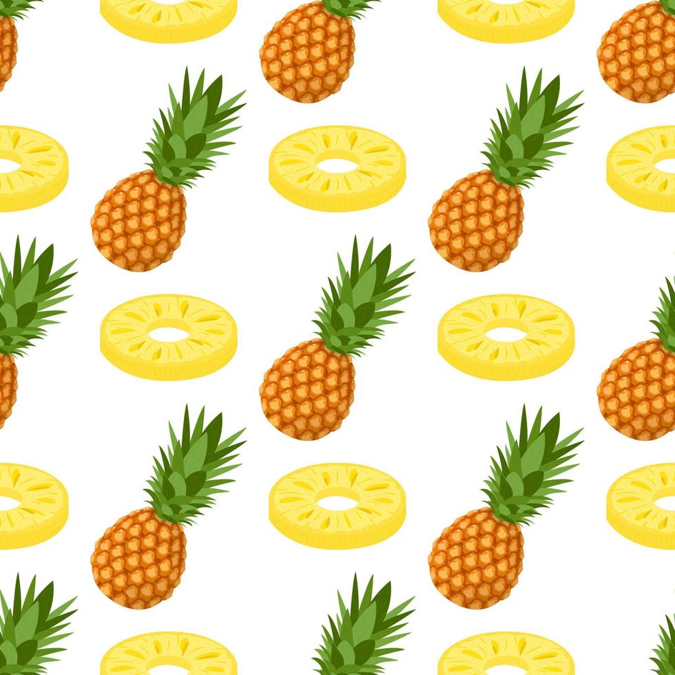 Seamless pattern with fresh whole and cut slices pineapple fruit with leaves on white background. Summer fruits for healthy lifestyle. Organic fruit. Cartoon style. Vector illustration for any design.