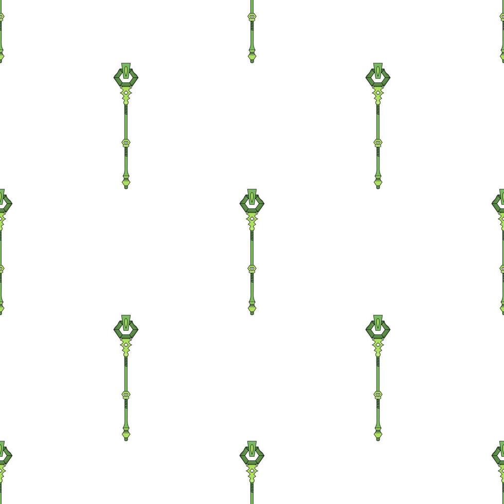 Seamless pattern with green magic staff icon on white background. Magic wand, scepter, stick, rod. Vector illustration.