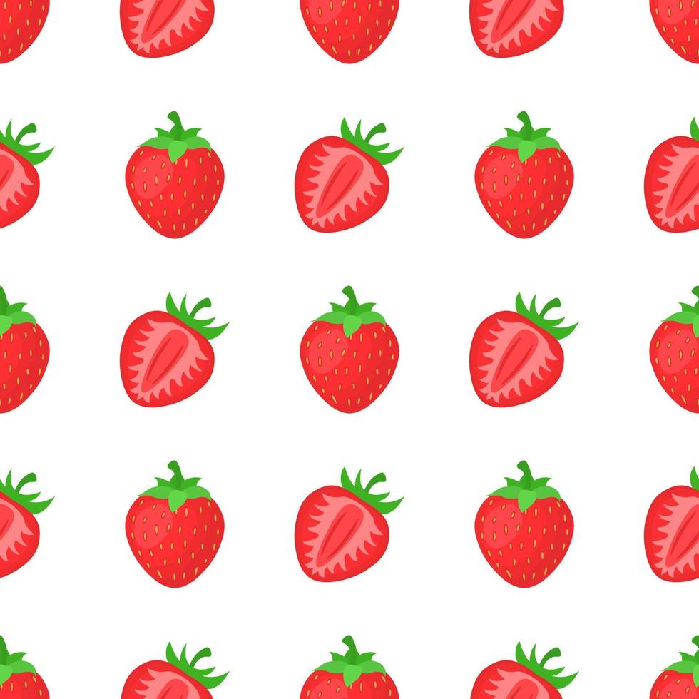 Seamless pattern with fresh bright exotic whole and half strawberries on white background. Summer fruits for healthy lifestyle. Organic fruit. Cartoon style. Vector illustration for any design.