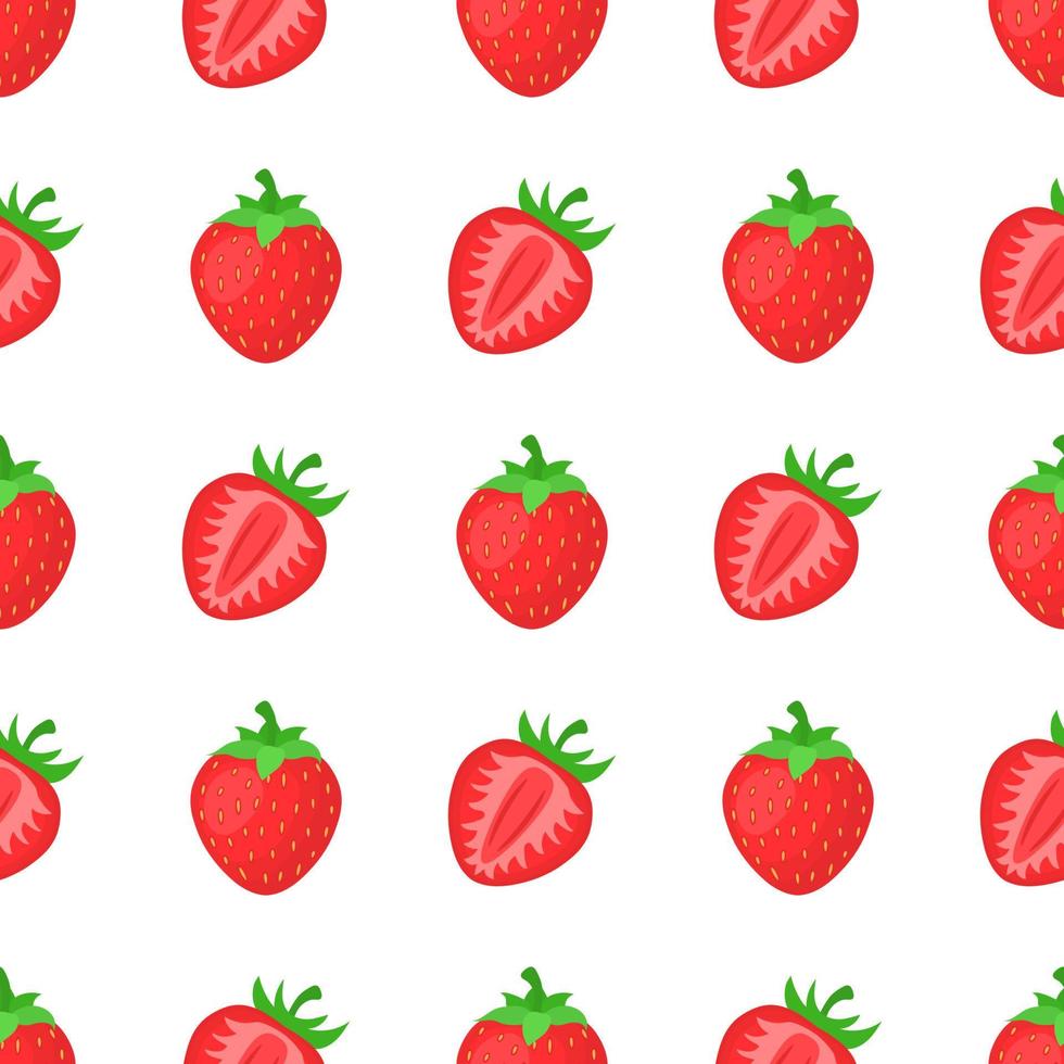 patrón sin costuras con fresas enteras y medias exóticas brillantes frescas sobre fondo blanco. frutas de verano para un estilo de vida saludable. fruta organica estilo de dibujos animados ilustración vectorial para cualquier diseño. vector