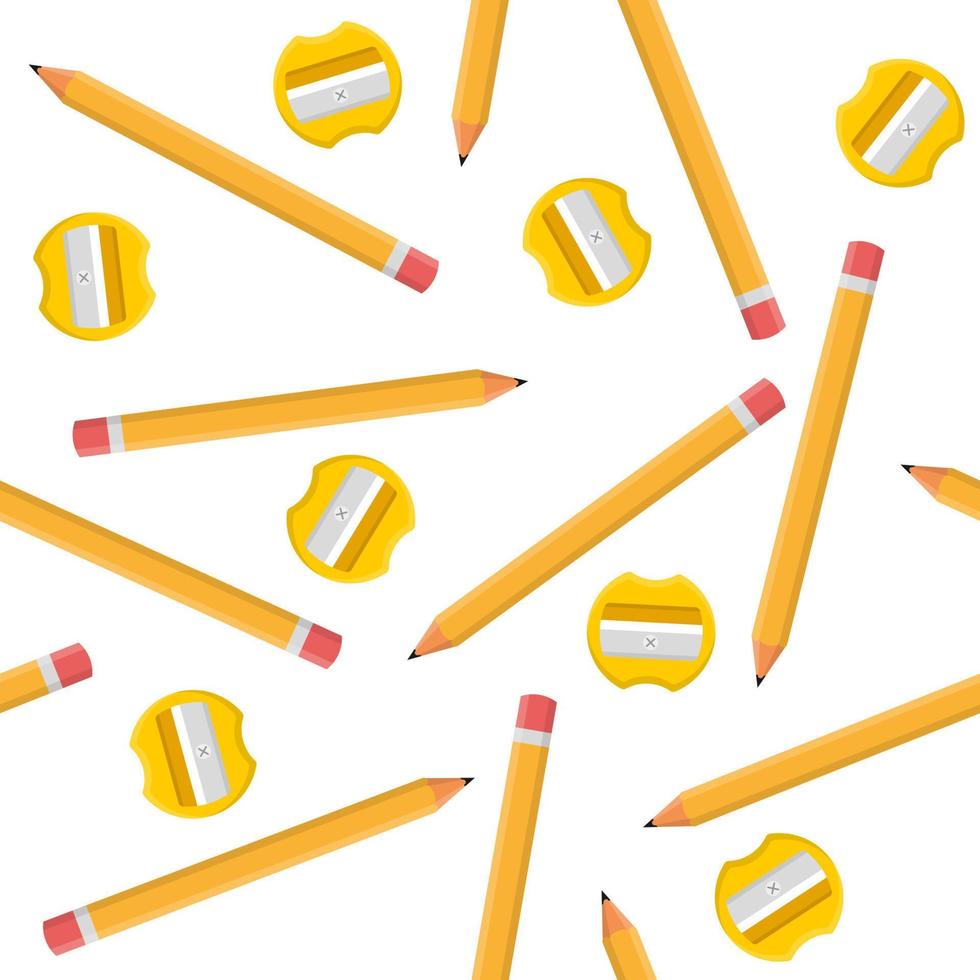 patrón sin costuras con lápices y sacapuntas amarillos aislados sobre fondo blanco. estilo de dibujos animados ilustración vectorial para diseño, web, papel de envolver, tela, papel tapiz. vector