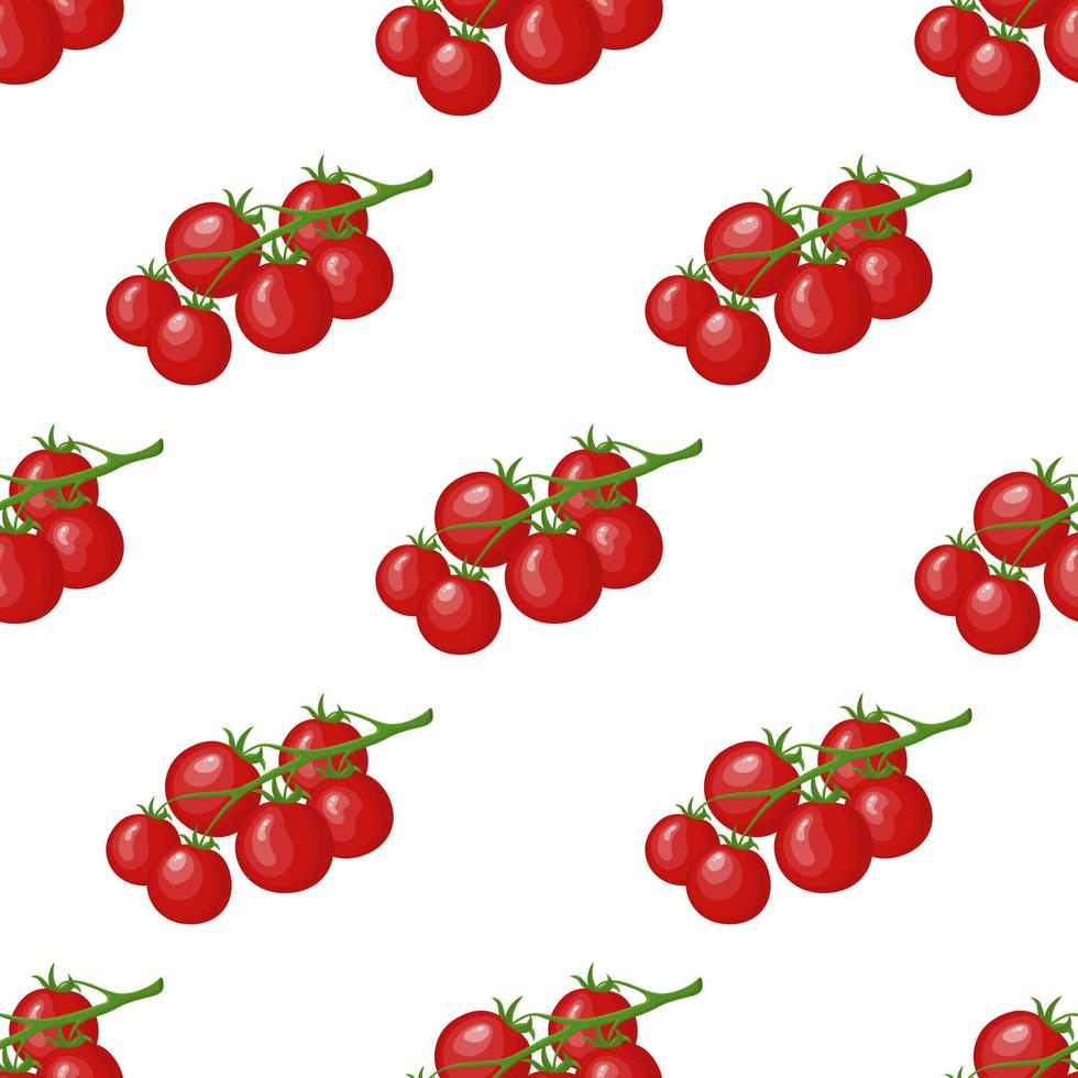 Seamless pattern with fresh red tomato vegetable. Tomato cherry branch. Organic food. Cartoon style. Vector illustration for design, web, wrapping paper, fabric, wallpaper.