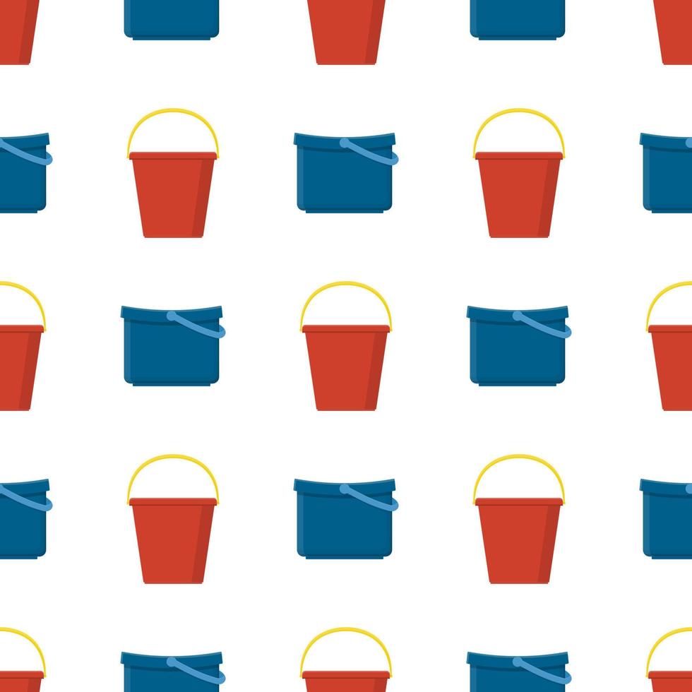 Seamless pattern with plastic red and blue bucket empty or with water on white background. Cartoon style. Vector illustration for design, web, wrapping paper, fabric, wallpaper.