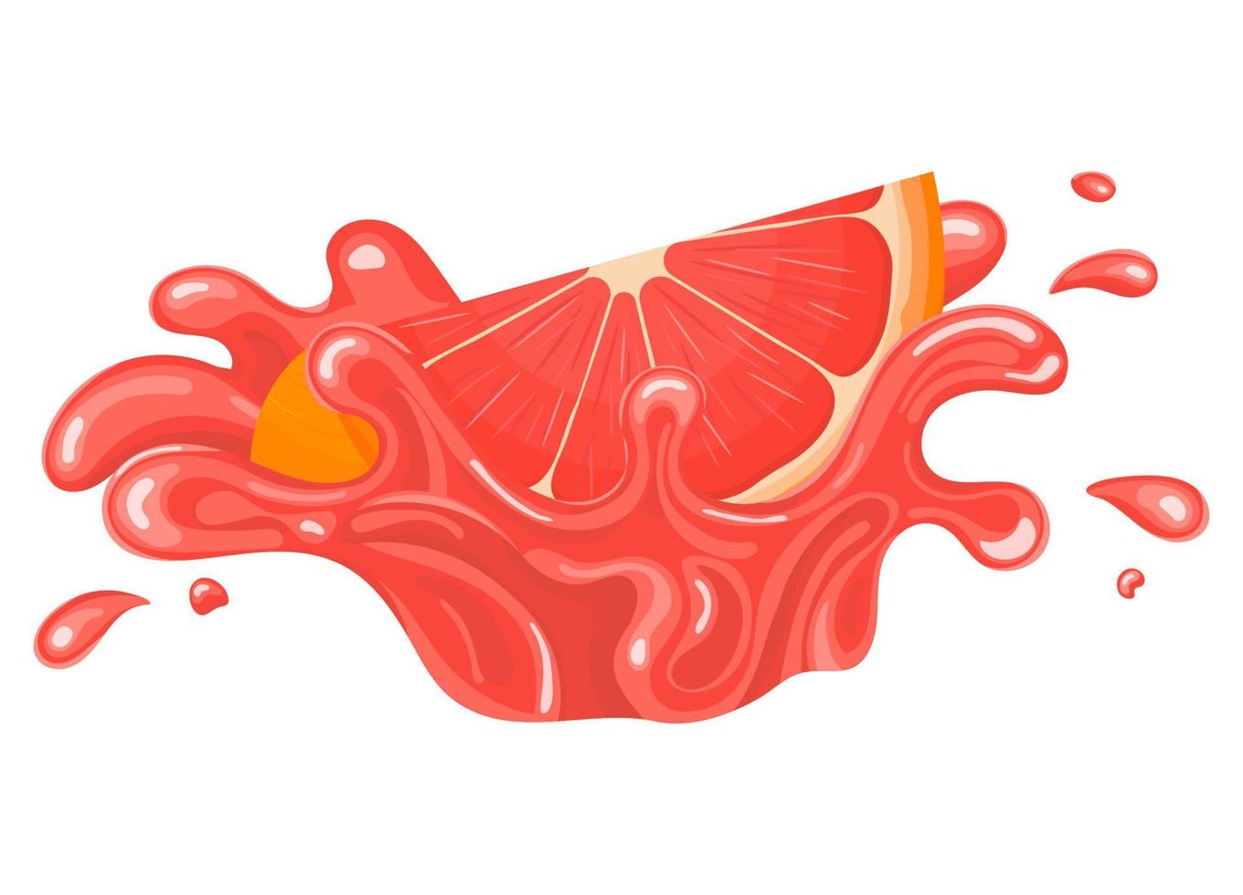 Fresh bright cut slice grapefruit juice splash burst isolated on white background. Summer fruit juice. Cartoon style. Vector illustration for any design.