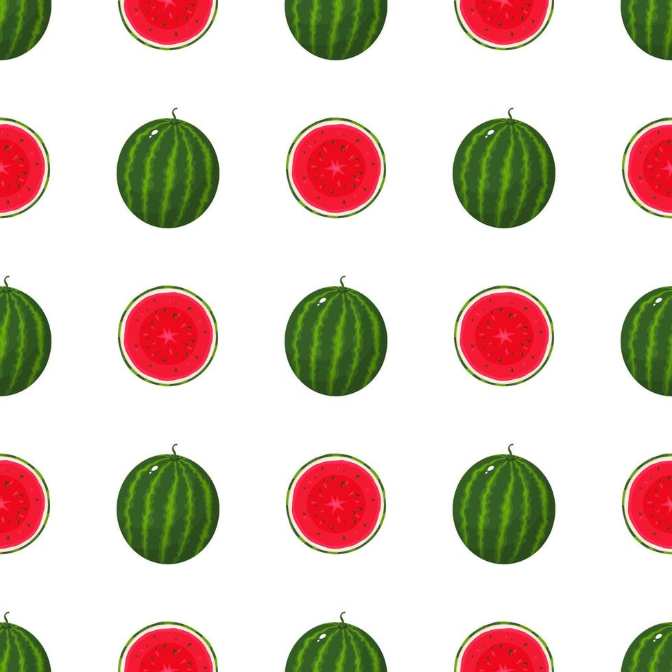 Seamless pattern with colorful whole and half of juice watermelon isolated on white background. Fresh cartoon berries. Vector illustration for design, web, wrapping paper, fabric.