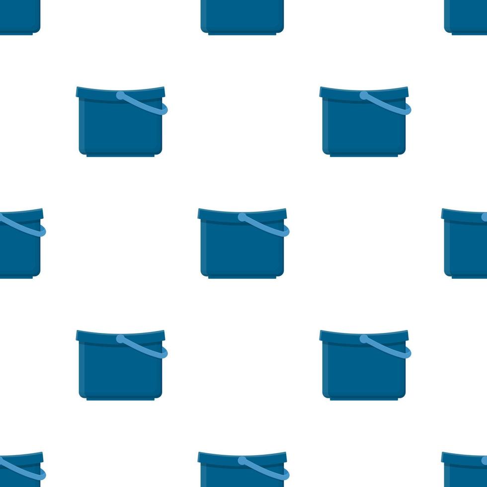 Seamless pattern with plastic blue bucket empty or with water on white background. Cartoon style. Vector illustration for design, web, wrapping paper, fabric, wallpaper.