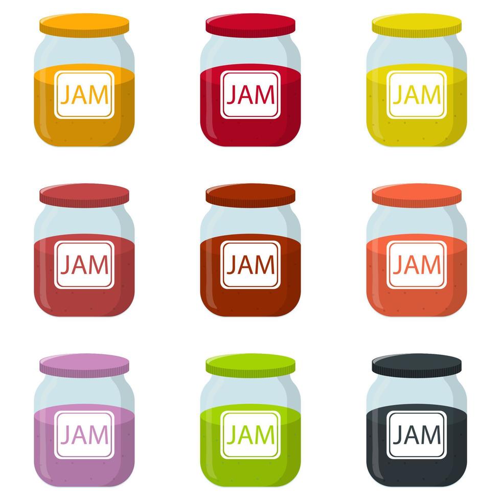 Set of Vector Jam Jar isolated on white background. Natural Healthy Food Production Jam. Strawberry, Raspberry, Kiwi, Lemon, Apricot, Grape. Vector illustration for Your Design.