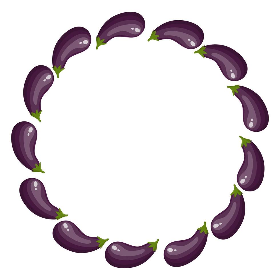 Wreath from Eggplants with Space for Text. Raw Ripe Aubergine Vegetables isolated on white background. Organic Food. Cartoon Style. Vector illustration for Your Design, Web.
