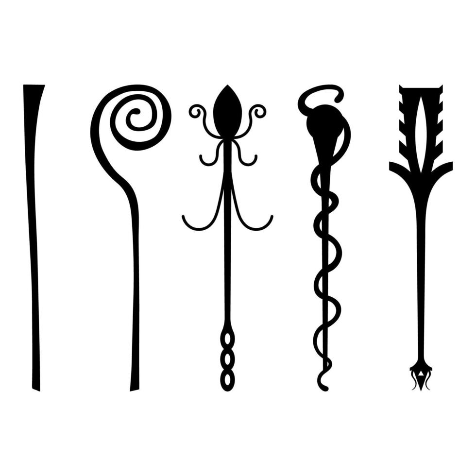 Set of Black Silhouette Staff Icons isolated on white background. Magic Wand, Scepter, Stick, Rod. Vector Illustration for Your Design, Game, Card, Web.