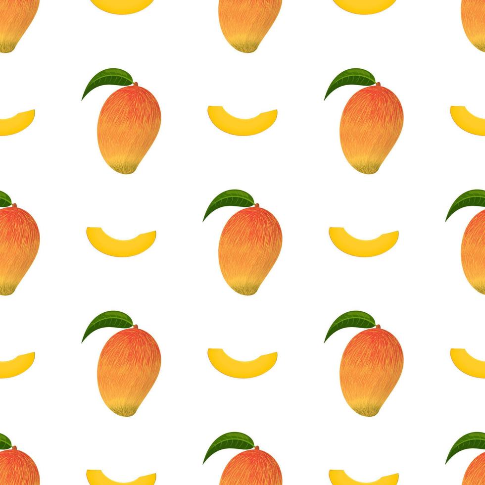 Seamless pattern with fresh bright exotic whole and sliced mango isolated on white background. Summer fruits for healthy lifestyle. Organic fruit. Cartoon style. Vector illustration for any design.