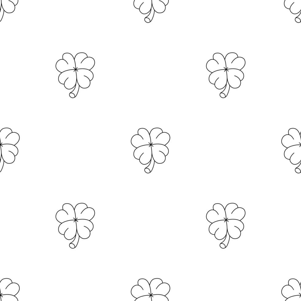 Seamless pattern with four leaf clover on white background. Lucky symbol and Irish mascot for St. Patrick's Holidays. Line style icon. Vector illustration for design, web, wrapping paper, fabric.