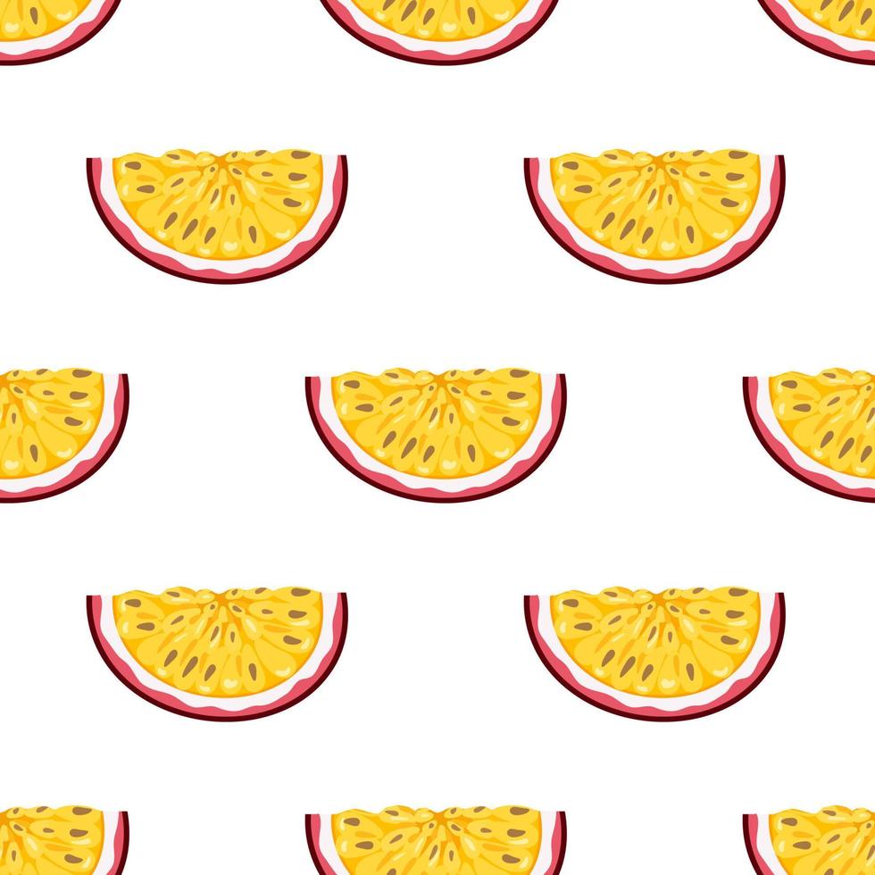 Seamless pattern with fresh bright exotic cut slice passion fruit on white background. Summer fruits for healthy lifestyle. Organic fruit. Cartoon style. Vector illustration for any design.