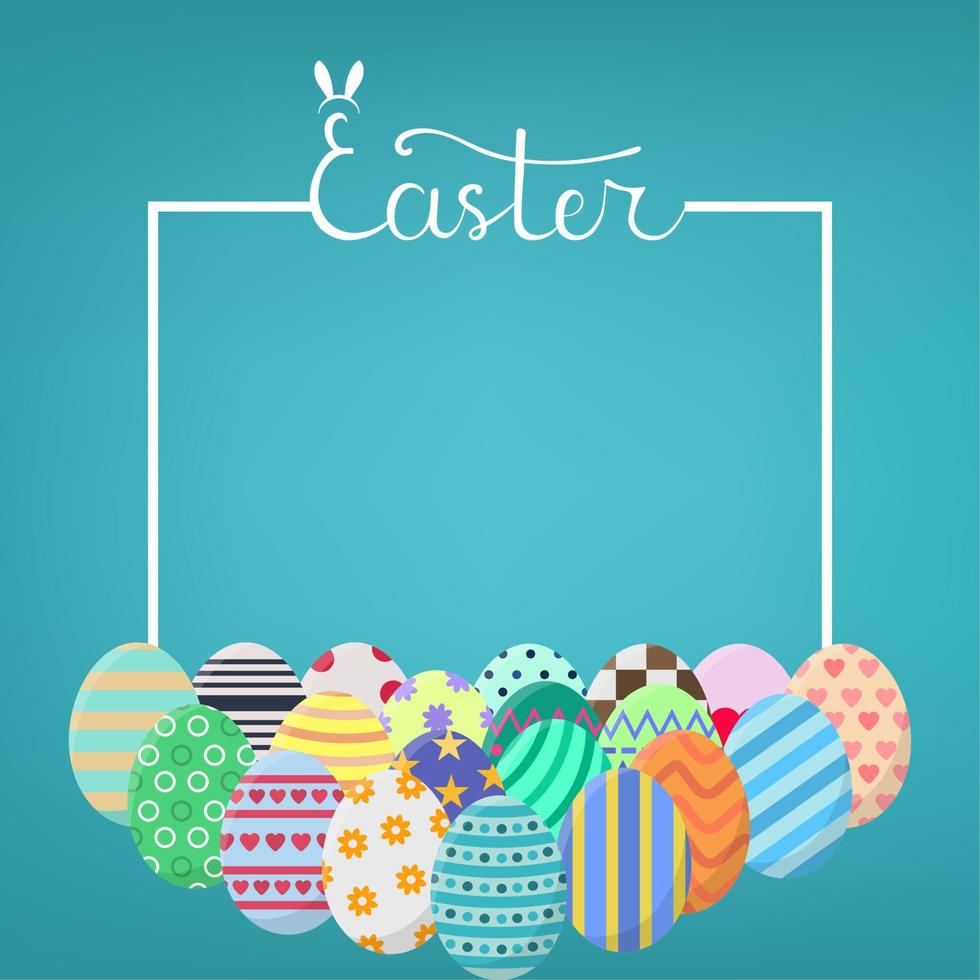 Vector Square Template with Lettering and Different Eggs on blue background. Space for Text. For Easter Sale Banner, Poster, Postcard, Flyer, Brochure. Vector illustration for Your Design, Web.