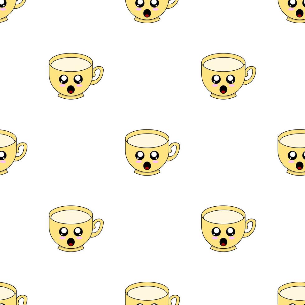 Seamless pattern with cup emoticons on white background. Kawaii doodle cups character with cute anime expressions. Vector illustration.
