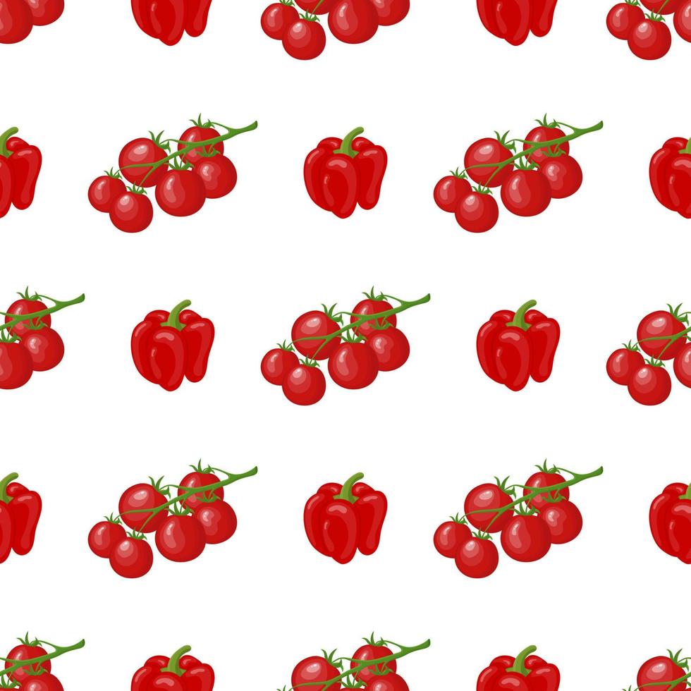 Seamless pattern with fresh cherry tomato and bell pepper vegetables. Organic food. Cartoon style. Vector illustration for design, web, wrapping paper, fabric, wallpaper.