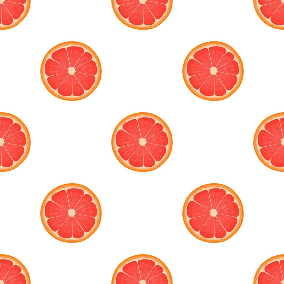Seamless pattern with fresh bright exotic half cut grapefruit isolated on white background. Summer fruits for healthy lifestyle. Organic fruit. Cartoon style. Vector illustration for any design.
