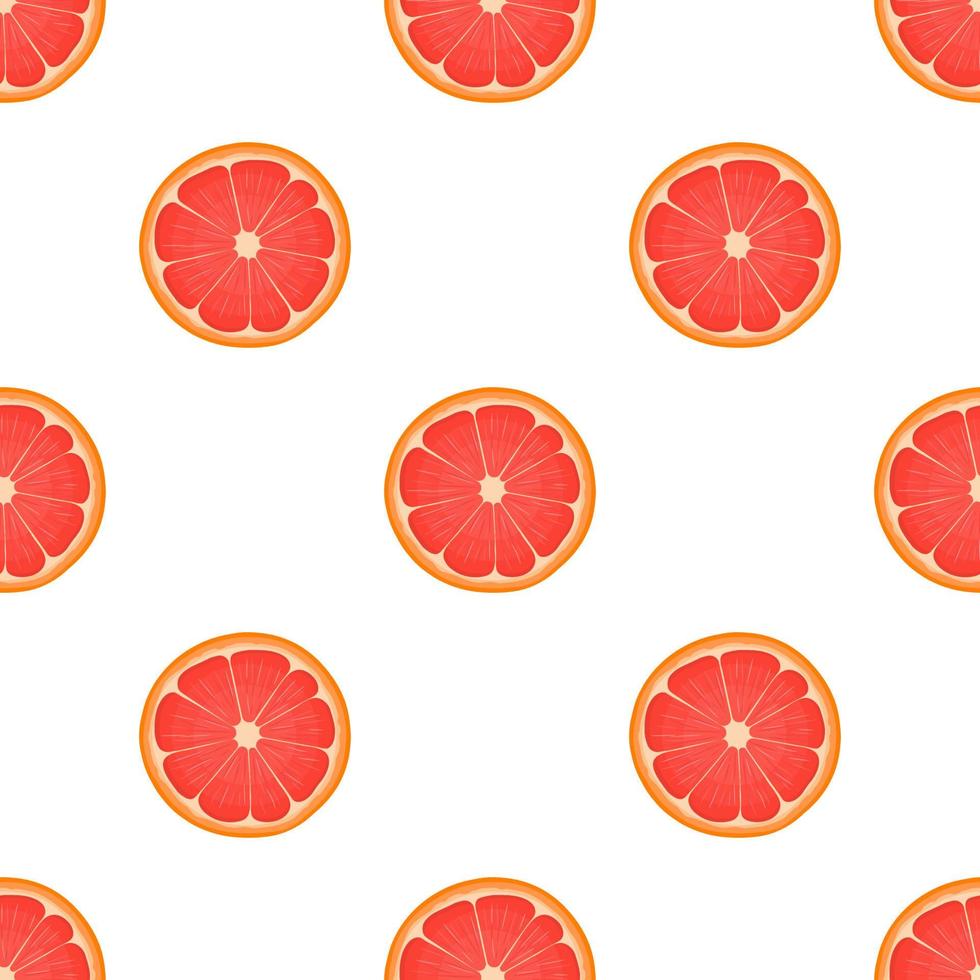 Seamless pattern with fresh bright exotic half cut grapefruit isolated on white background. Summer fruits for healthy lifestyle. Organic fruit. Cartoon style. Vector illustration for any design.