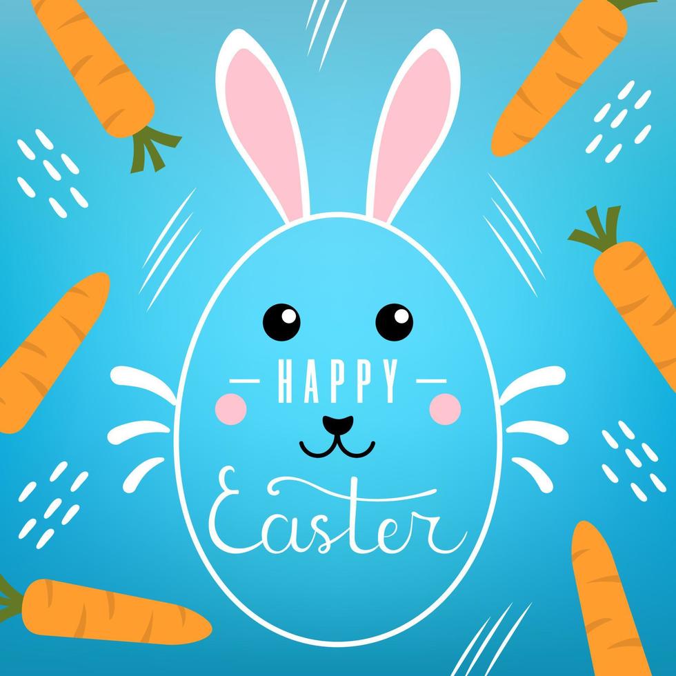 Easter Card with Lettering Inscription on blue background. Cute Bunny, Carrots and Abstract Shapes. For Easter Banner, Poster, Flyer, Brochure, Postcard. Vector illustration for Your Design, Web