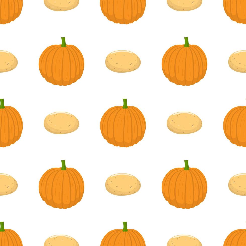 Seamless pattern with fresh pumpkin and potato vegetables. Organic food. Cartoon style. Vector illustration for design, web, wrapping paper, fabric, wallpaper.