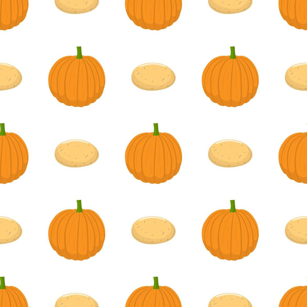 patrón sin costuras con verduras frescas de calabaza y patata. alimentos orgánicos. estilo de dibujos animados ilustración vectorial para diseño, web, papel de envolver, tela, papel tapiz. vector