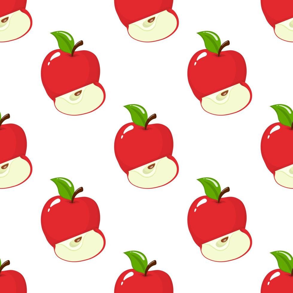patrón sin costuras con manzanas rojas enteras y rebanadas sobre fondo blanco. fruta organica estilo de dibujos animados ilustración vectorial para diseño, web, papel de envolver, tela, papel tapiz. vector