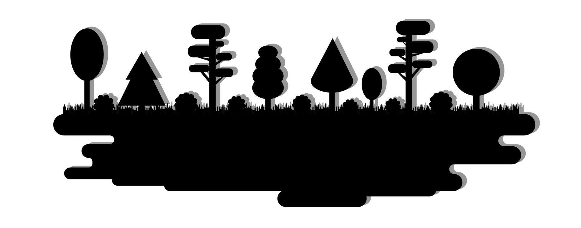 bosque, parque, callejón con diferentes árboles. panorama de silueta negra. ilustración vectorial aislado sobre fondo blanco. vector