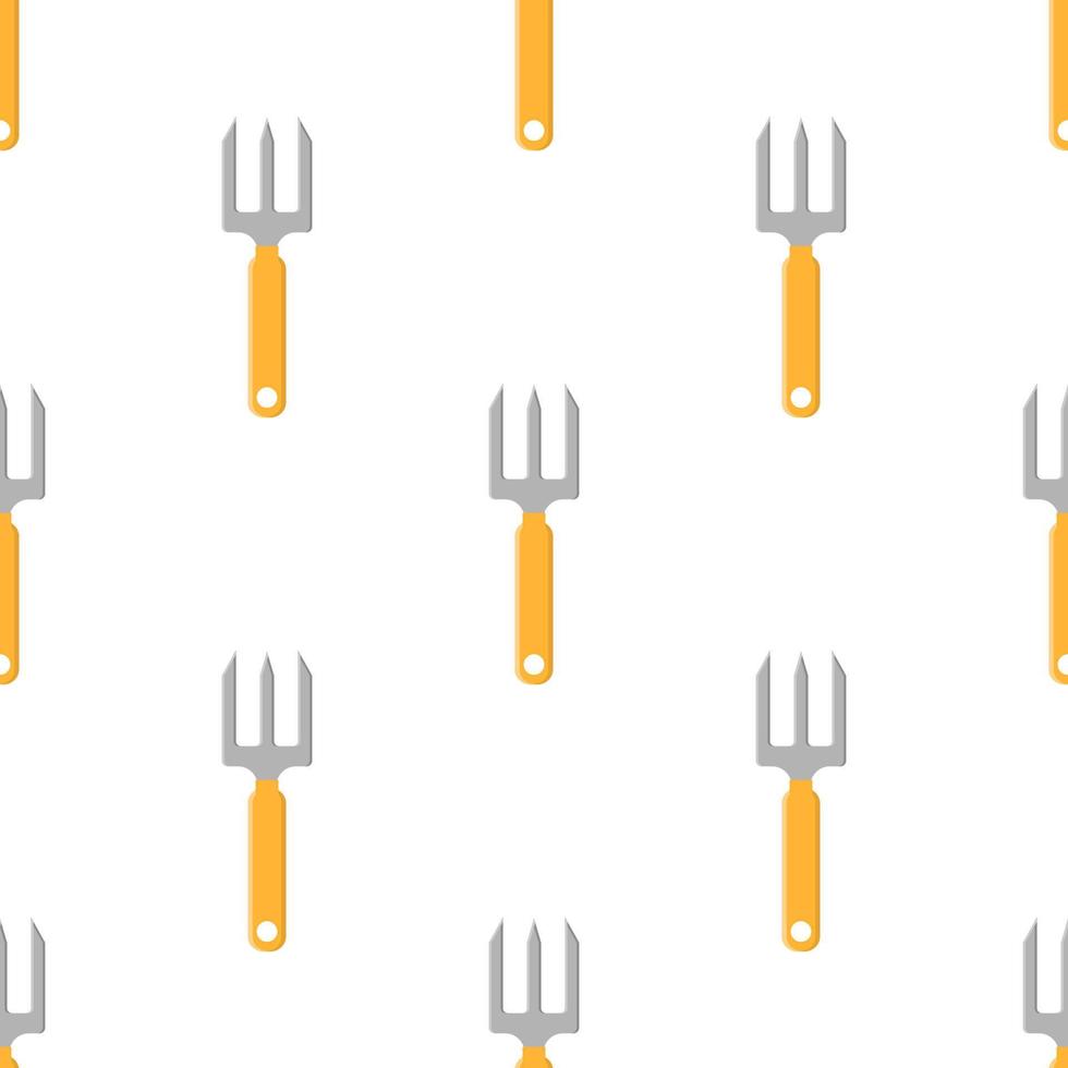 Seamless pattern with cartoon small pitchforks on white background. Gardening tool. Vector illustration for any design