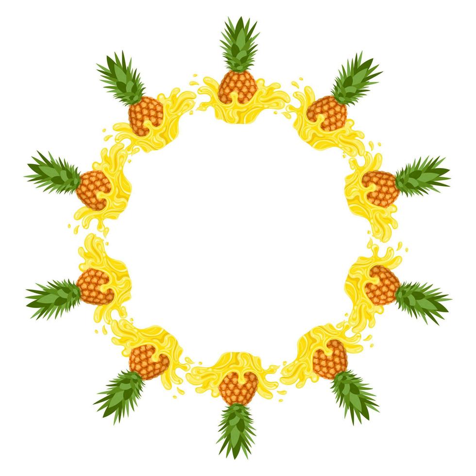 Wreath from pineapple juice splash with space for text. Cartoon organic sweet food. Summer fruits for healthy lifestyle. Vector illustration for any design.