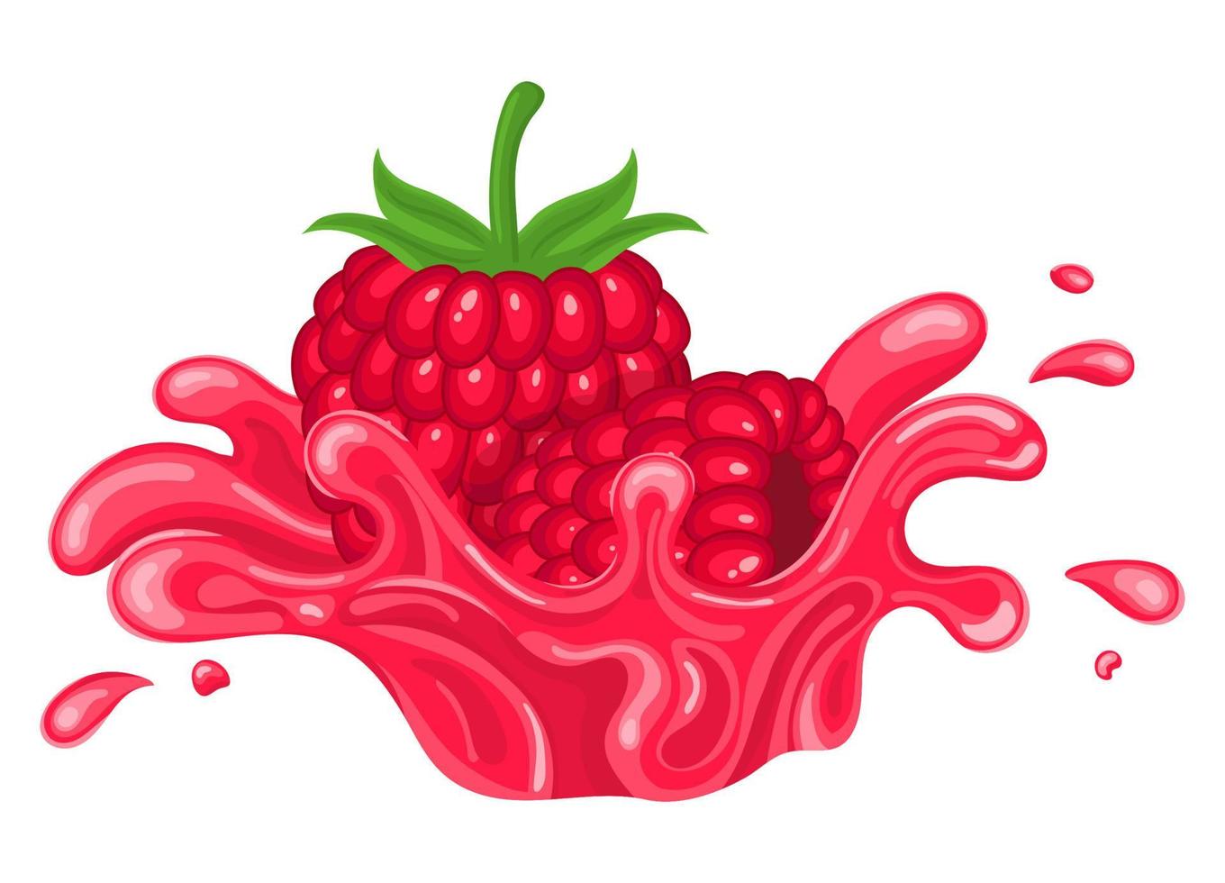 explosión de salpicaduras de jugo de frambuesa fresca y brillante aislada en fondo blanco. jugo de frutas de verano. estilo de dibujos animados ilustración vectorial para cualquier diseño. vector