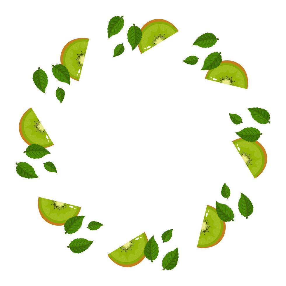 Wreath from green kiwi fruits with space for text. Cartoon organic sweet food. Summer fruits for healthy lifestyle. Vector illustration for any design.