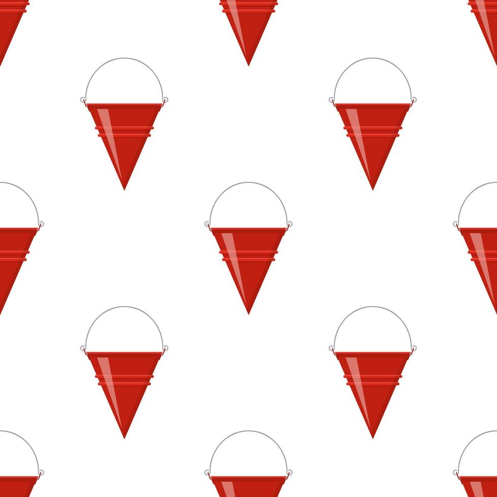 Seamless pattern with fire bucket. Red metal cone bucket empty or with water for fire fighting on white background. Cartoon style. Vector illustration for any design.