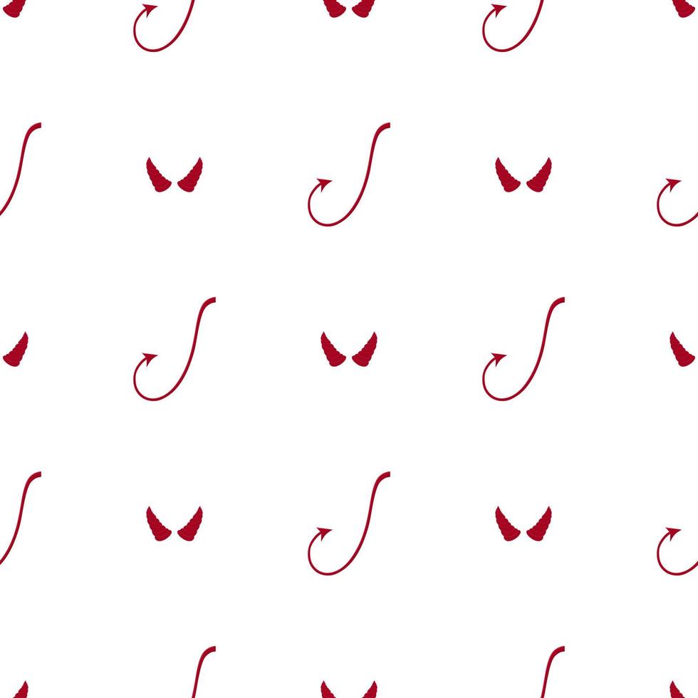 Seamless pattern with red devil tails and horns on white background. Cartoon style. Vector illustration for design, web, wrapping paper, fabric, wallpaper.