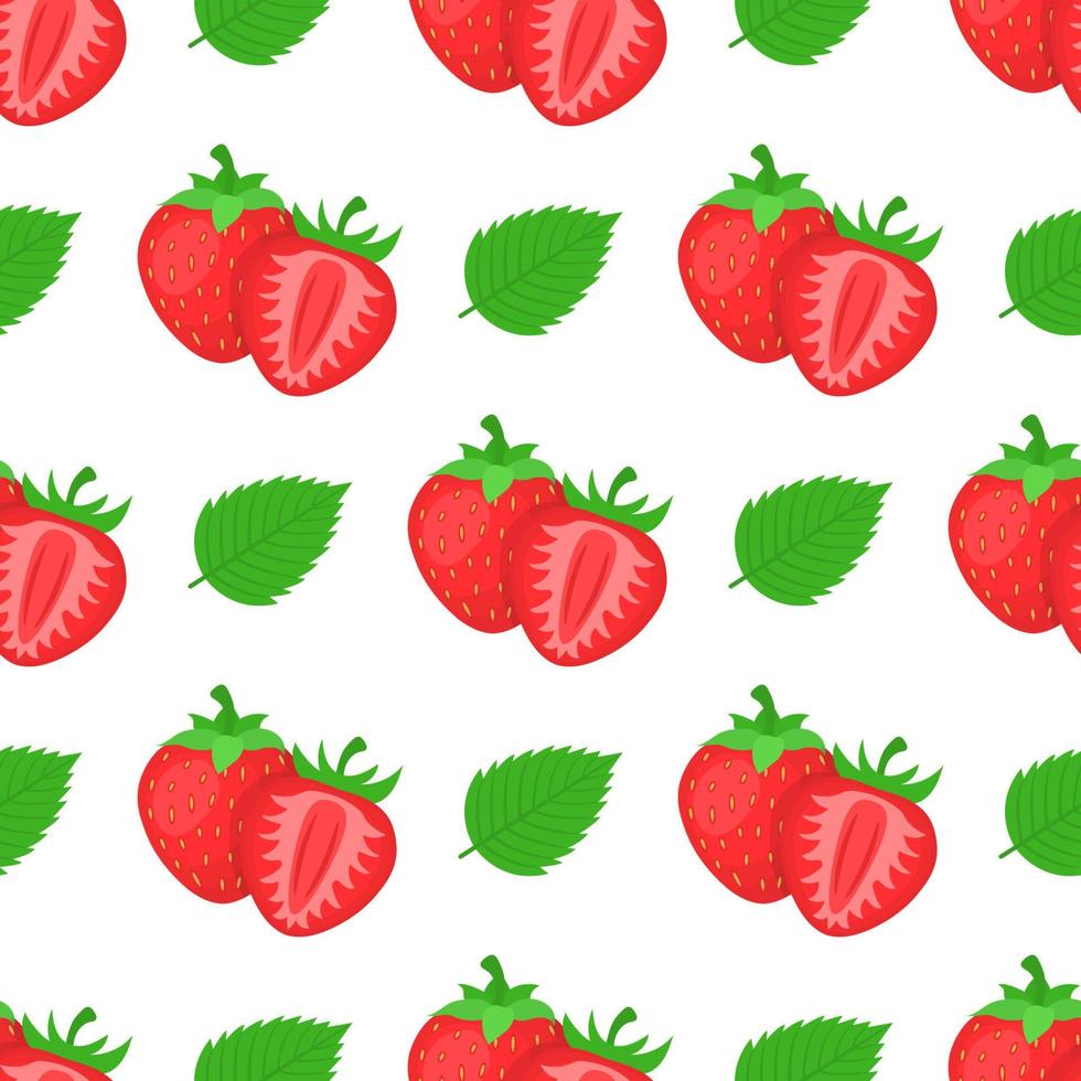 Seamless pattern with fresh bright exotic whole, half strawberries and leaves on white background. Summer fruits for healthy lifestyle. Organic fruit. Vector illustration for any design.