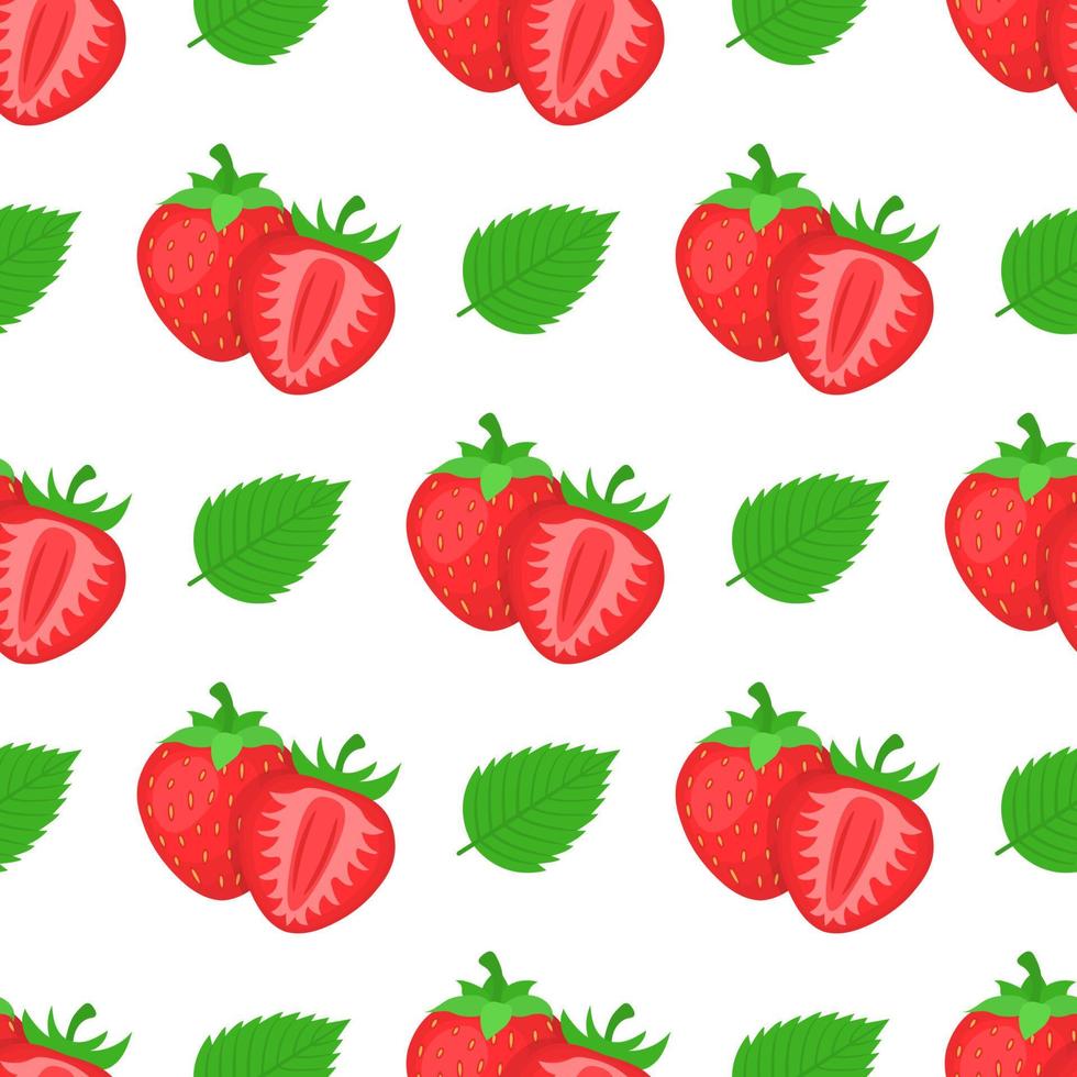 Seamless pattern with fresh bright exotic whole, half strawberries and leaves on white background. Summer fruits for healthy lifestyle. Organic fruit. Vector illustration for any design.