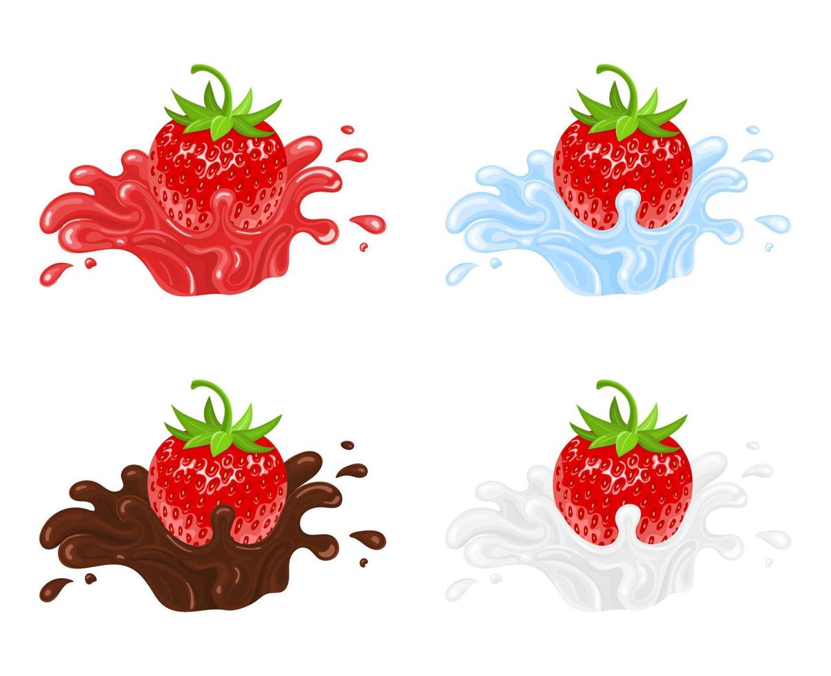 Set of red fresh cartoon strawberry with juice, water, chocolate and milk splashes isolated on white background. Sweet food. Organic fruit. Vector illustration for any design