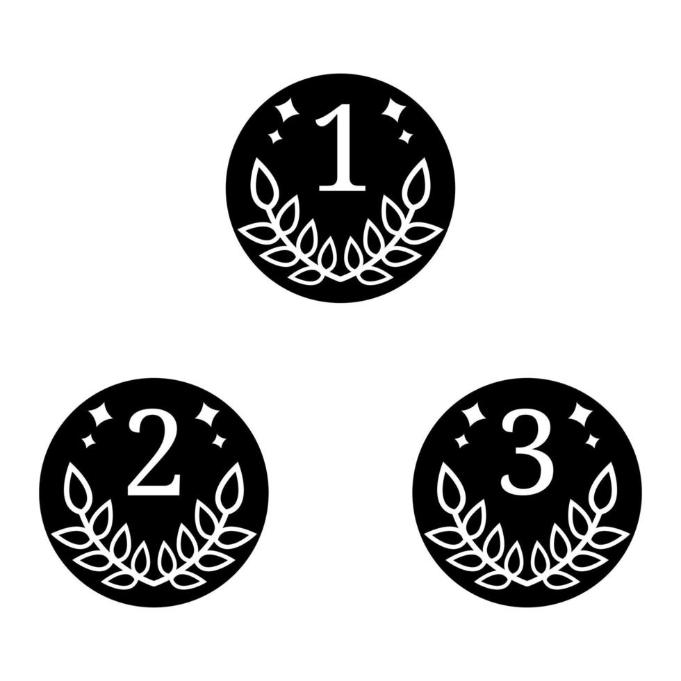 Quality signs. Coin icons isolated on white background. First, second, third places. Black silhouette of winner symbol. Clean and modern vector illustration for design, web.