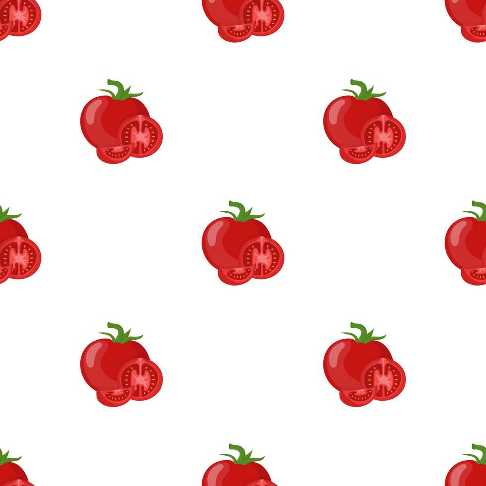 Seamless pattern with fresh red tomato vegetable isolated on white background. Whole, half and slice tomato icon. Organic food. Cartoon style. Vector illustration for design