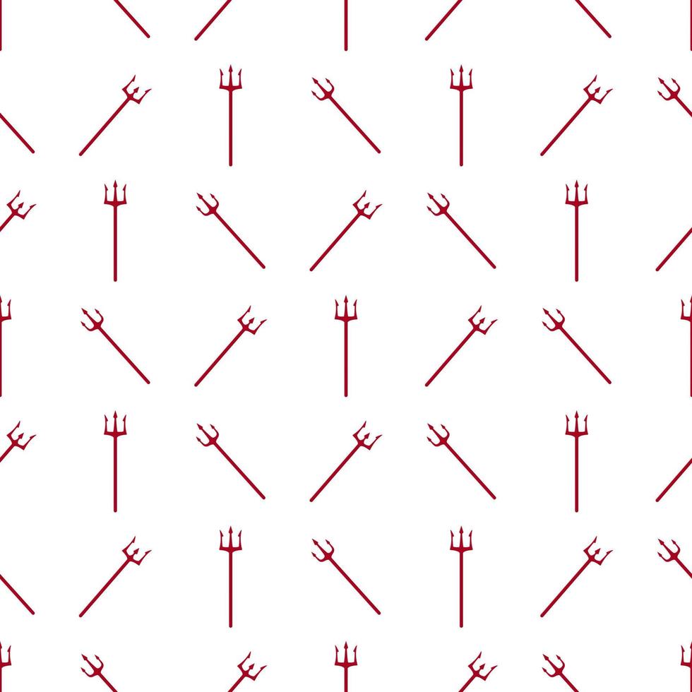 Seamless pattern with red devil tridents on white background. Hell concept. Vector illustration for design, web, wrapping paper, fabric, wallpaper.