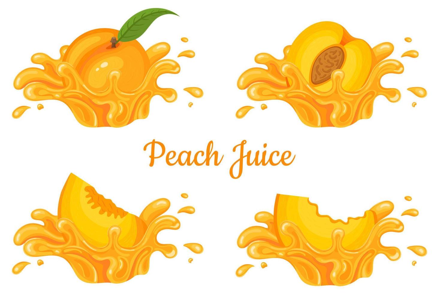 ráfaga de salpicaduras de jugo de durazno fresco aislado sobre fondo blanco. jugo de frutas de verano. estilo de dibujos animados ilustración vectorial para cualquier diseño. vector