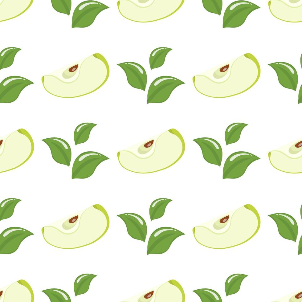 Seamless pattern with green slice apples and leaves on white background. Organic fruit. Cartoon style. Vector illustration for design, web, wrapping paper, fabric, wallpaper.