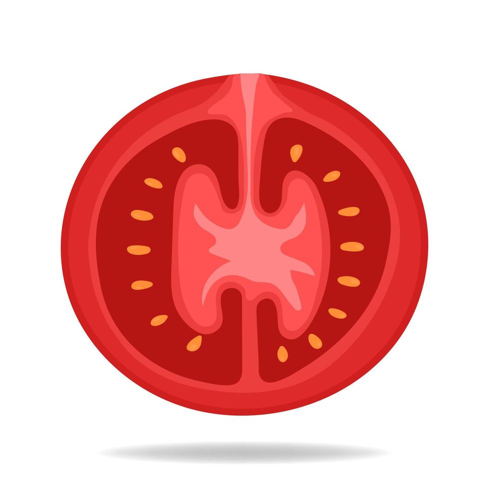 Fresh Red Tomato Half isolated on white background. Vegetable Icon for Market, Recipe Design. Organic Food. Cartoon Flat Style. Vector illustration for Your Design, Web.