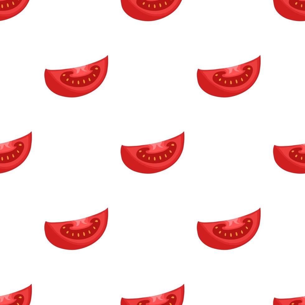 Seamless pattern with fresh slice of red tomato vegetable isolated on white background. Organic food. Cartoon style. Vector illustration for design, web, wrapping paper, fabric, wallpaper.