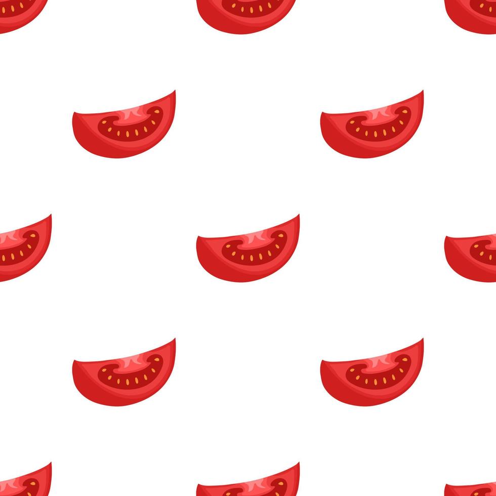 Seamless pattern with fresh slice of red tomato vegetable isolated on white background. Organic food. Cartoon style. Vector illustration for design, web, wrapping paper, fabric, wallpaper.