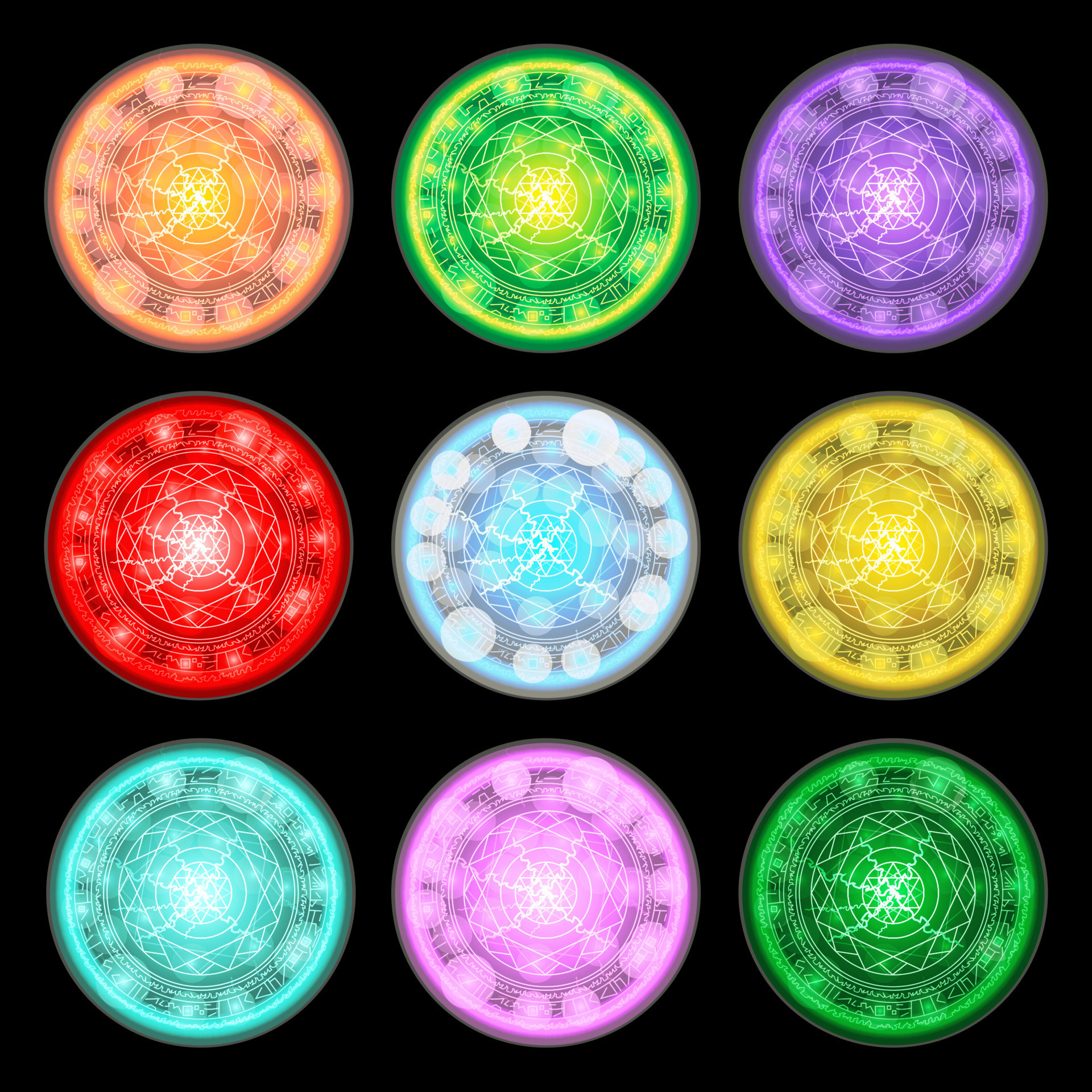 Set of magic spell rings. Colored magical circles. Superhero concept